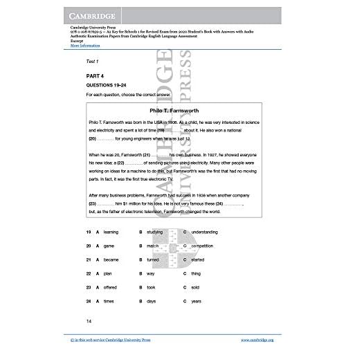 A2 Key for Schools 1 for the Revised 2020 Exam Student's Book with Answers with Audio with Resource Bank (KET Practice Tests)