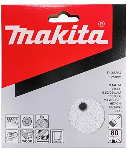 Makita 10 Pack - 80 Grit Sanding Discs For 5" Random Orbit Sanders - For Aggressive Sanding of Wood, Metal & Plastic | 8 Hole Hook-And-Loop Sandpaper