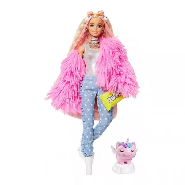 Barbie doll "Extra" in a pink fluffy coat GRN28