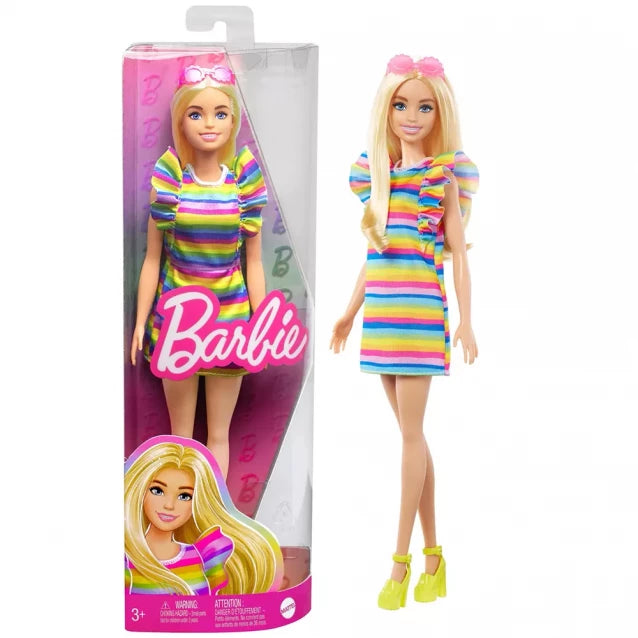 Barbie doll "Fashionista" with braces in a striped dress  HPF73