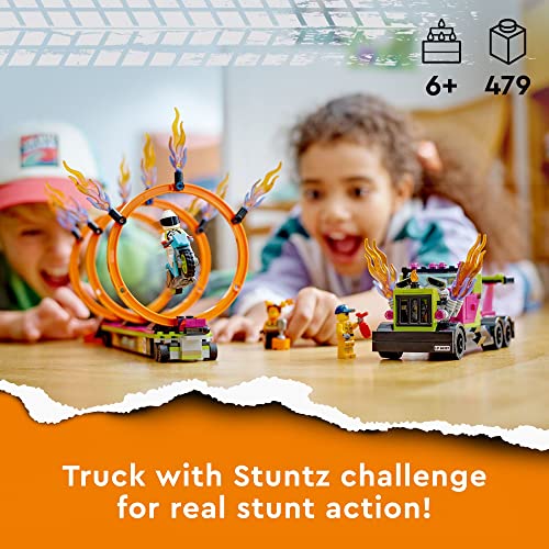 LEGO City Stuntz Stunt Truck & Ring of Fire Challenge 60357 with Flywheel-Powered Motorcycle Toy and Minifigures