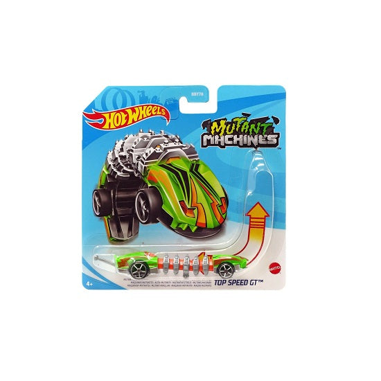 "Hot Wheels Mutant Machines - Top Speed GT (Green/Orange)" - an image of the die-cast vehicle from the Mutant Machines collection, featuring a unique and fierce design with green and orange colors, powerful wheels, and an aerodynamic body.