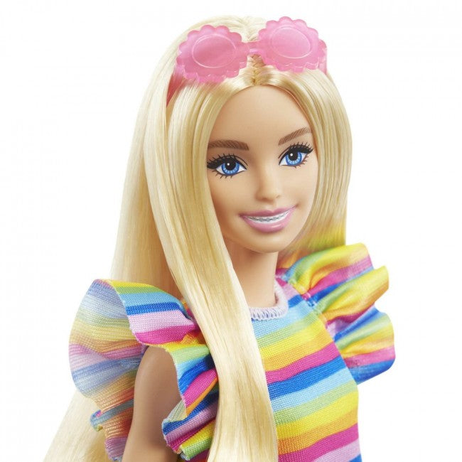 BARBIE | Dolls | Barbie doll "Fashionista" with braces in a striped dress