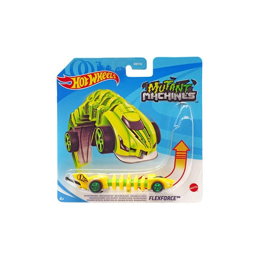 "Hot Wheels Mutant Machines - Flexforce (Green/Yellow)" - an image of the die-cast vehicle from the Mutant Machines collection, featuring a unique and powerful design with green and yellow colors. The vehicle has a bendable body that allows it to perform amazing stunts and twists, making it perfect for imaginative playtime. Its mutated creature-inspired design includes exaggerated features and a muscular exterior, along with powerful wheels that can conquer any terrain.